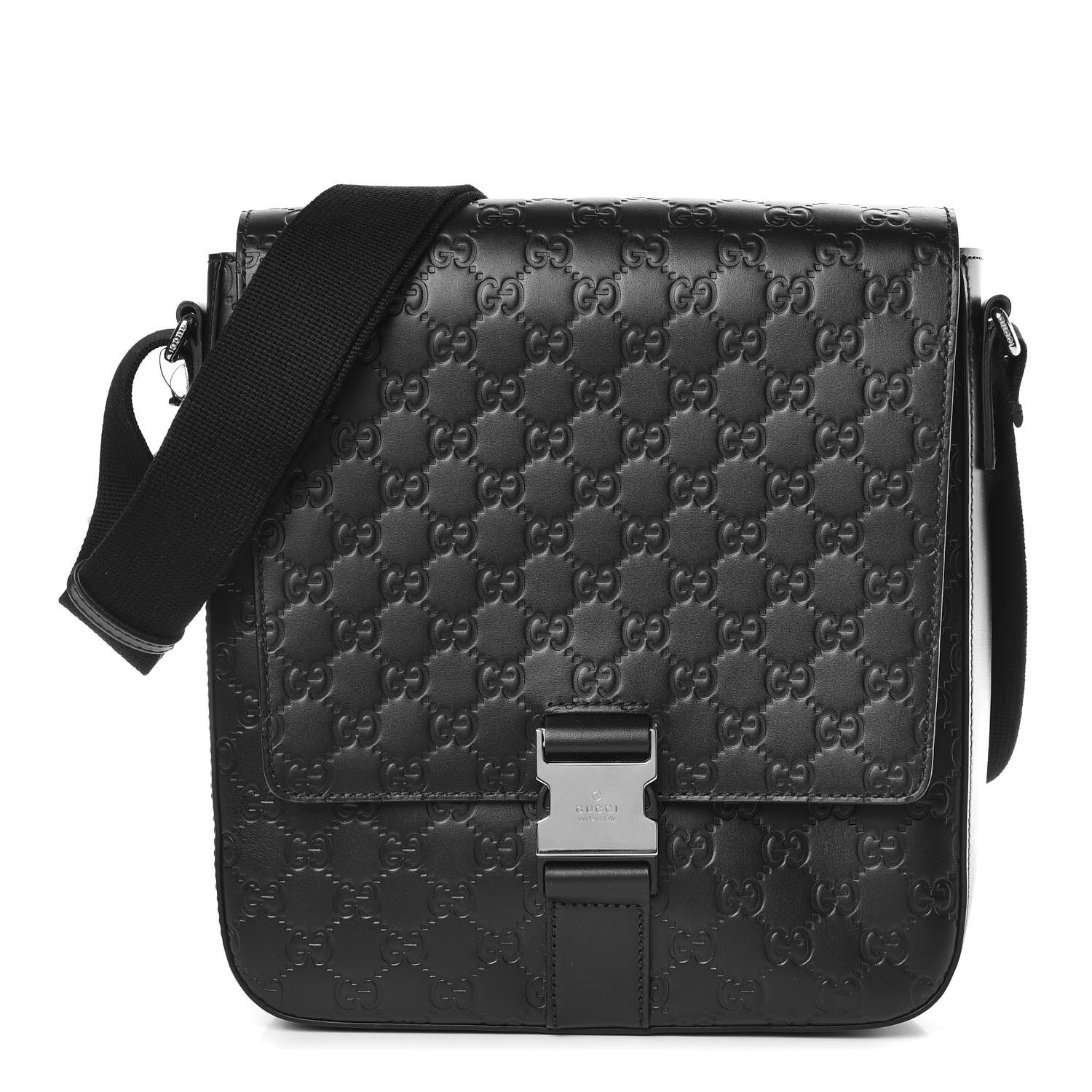 Gucci Guccissima Signature Single Buckle Flap Messenger Bag Black 1 of 9