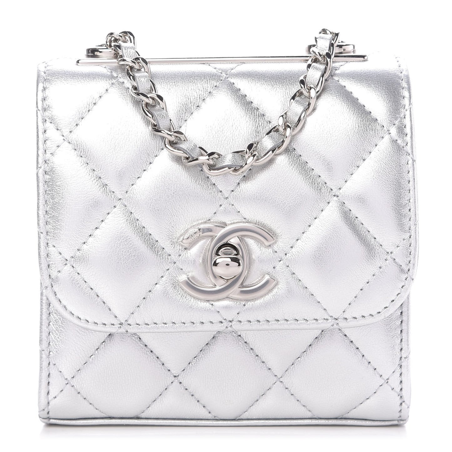 Metallic Lambskin Quilted Mini Trendy CC Clutch With Chain Silver