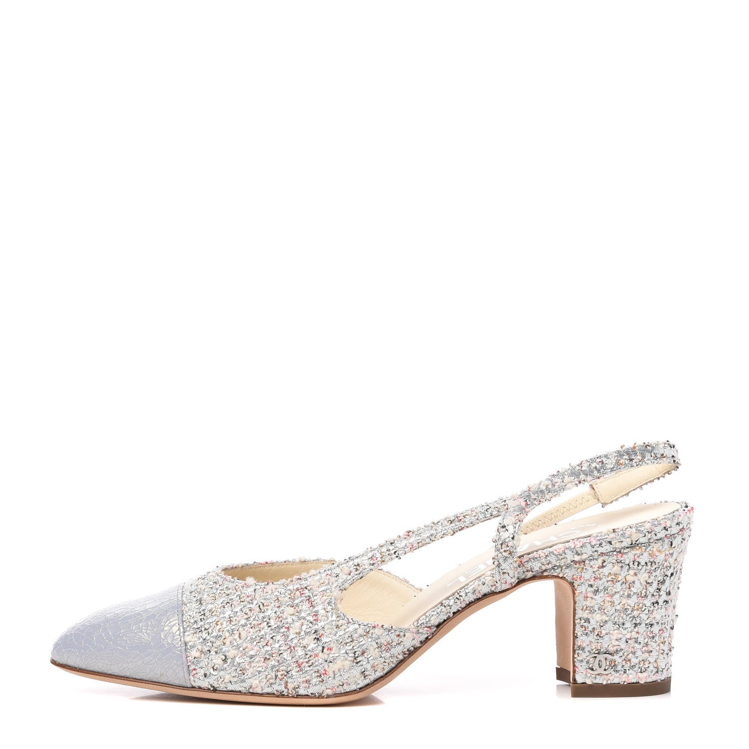 Chanel Tweed Cap Toe CC Slingback Pumps 38.5 Silver Grey 1 of 11