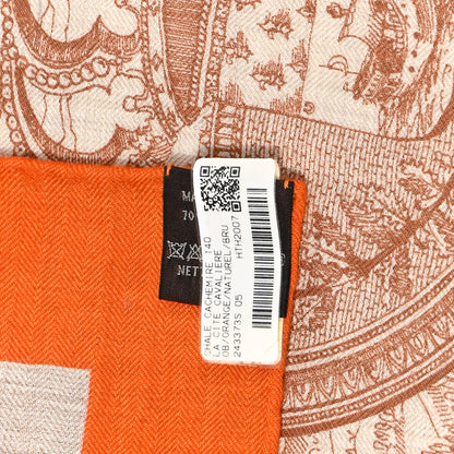 Hermes Cashmere Silk La Cite Cavaliere Shawl 140 Orange Naturel Brun 4 of 8