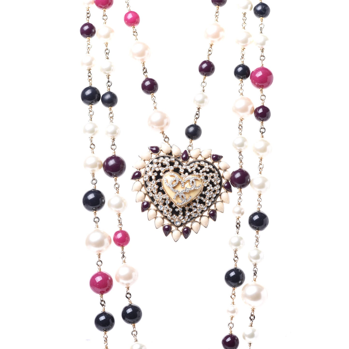 Crystal Pearl Resin Beaded Graduated CC Heart Long Necklace Gold Multicolor