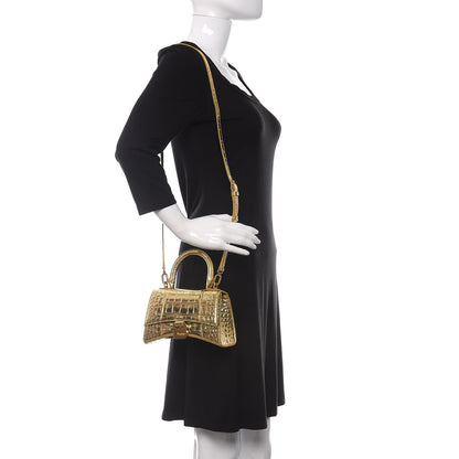 Balenciaga Metallic Calfskin Crocodile Embossed Hourglass Top Handle Bag XS Gold 2 of 10