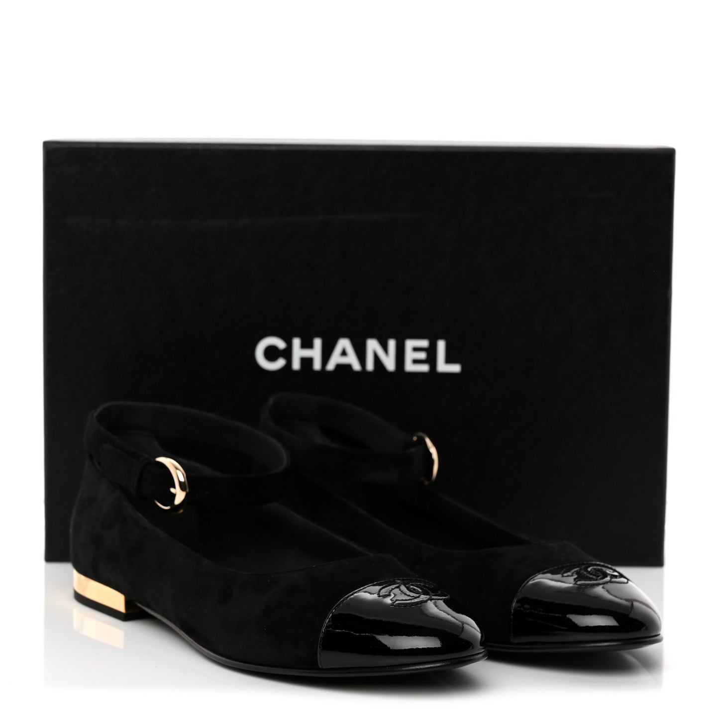 Suede Patent Cap Toe CC Mary Jane Flats 40 Black