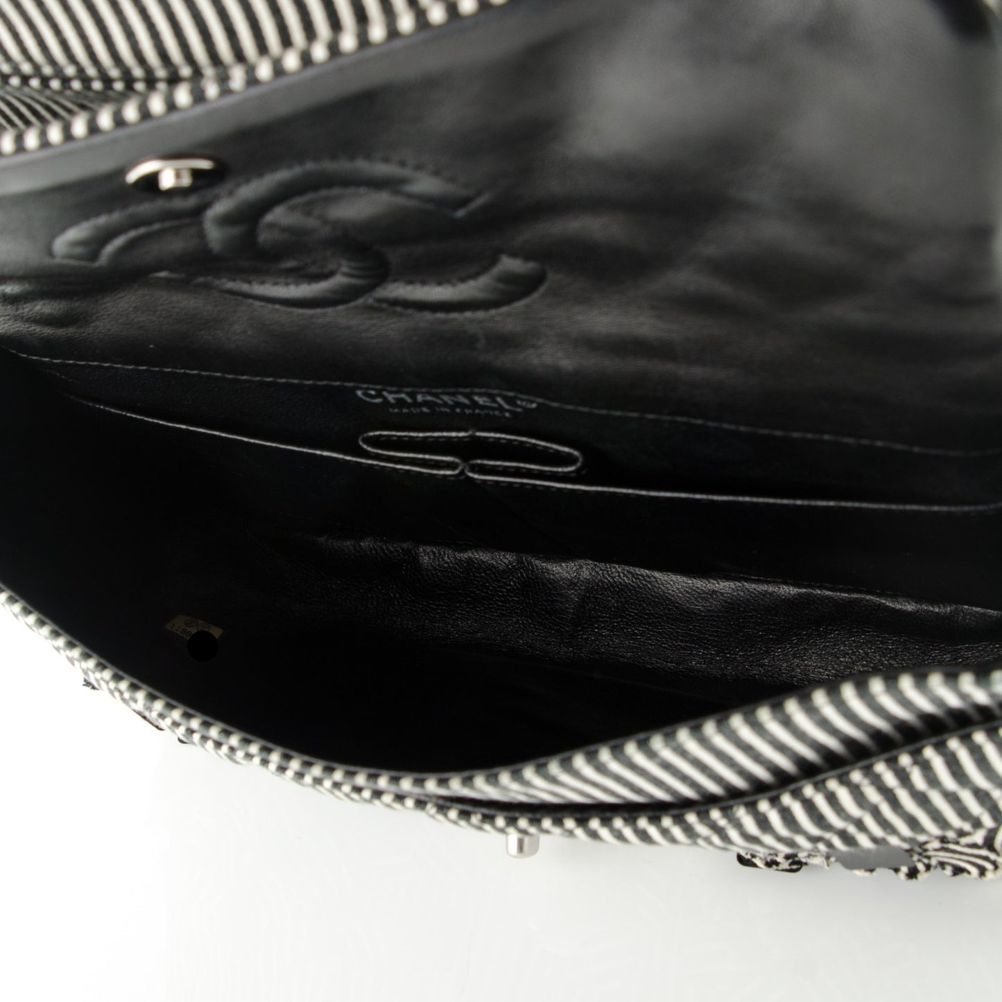 Canvas Sequin Stripe Medium Double Flap Black White