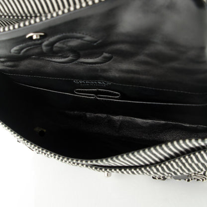 Chanel Canvas Sequin Stripe Medium Double Flap Black White 6 of 8