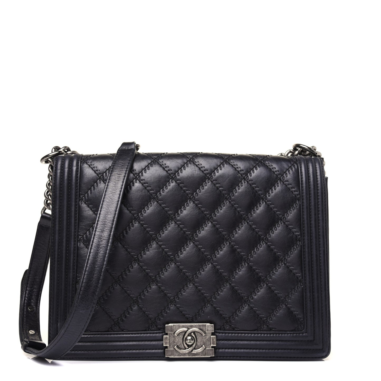 Calfskin Embossed Stitch Large Boy Flap Black