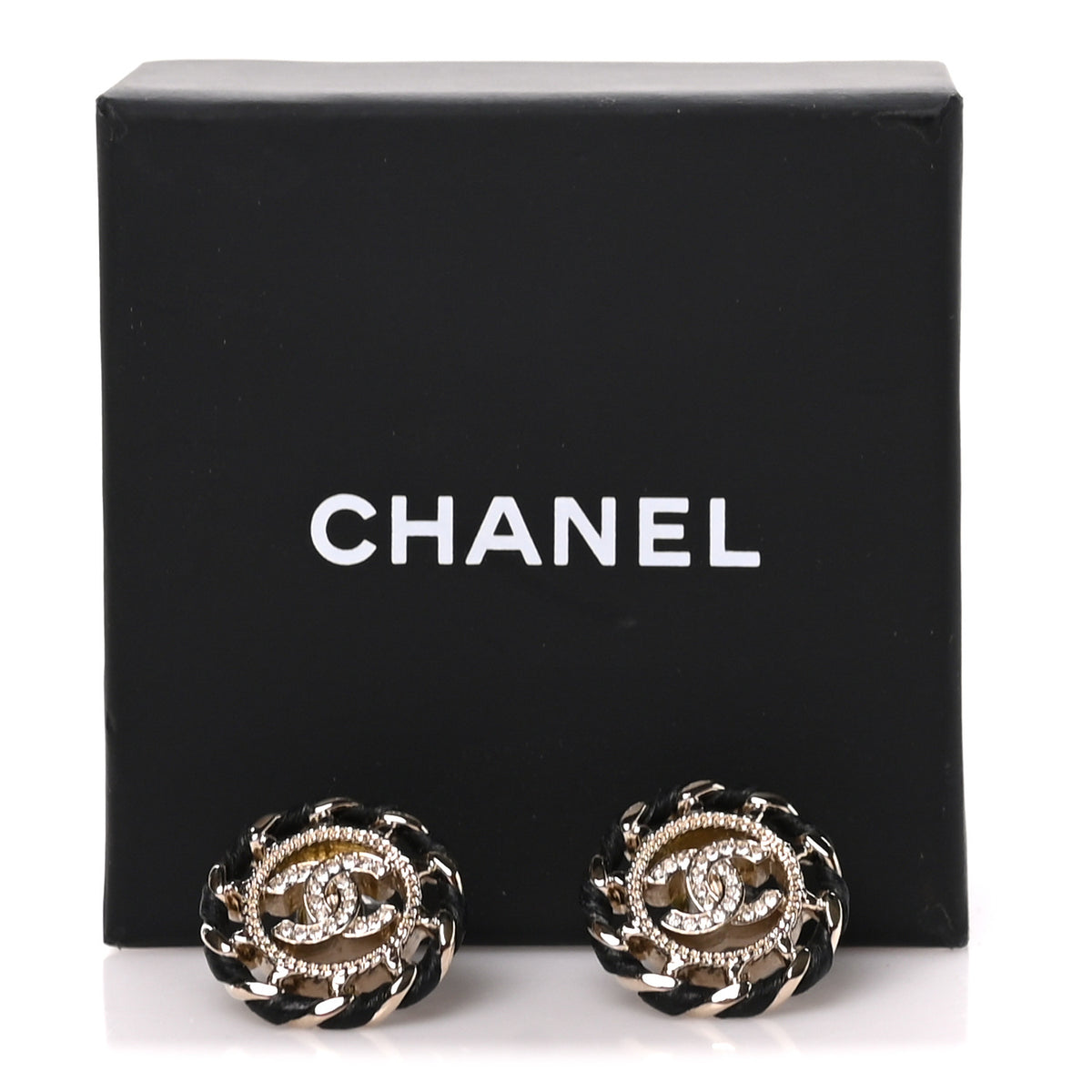 Chanel Crystal Lambskin Chain CC Stud Earrings Black Gold 5 of 5