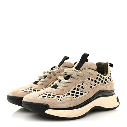 Chanel Suede Calfskin Embroidered CC Sneakers 39 Beige Black 4 of 10