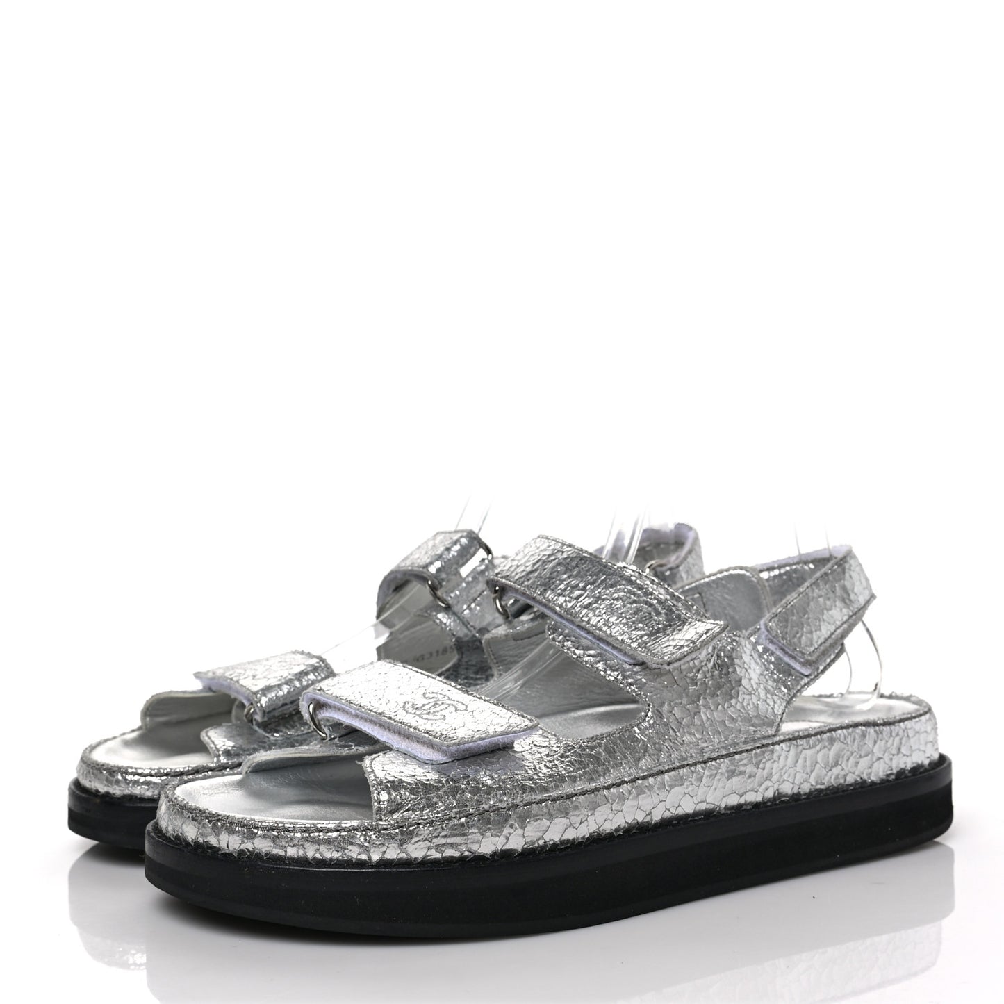 Metallic Crackled Calfskin Velcro Dad Sandals 40.5 Silver