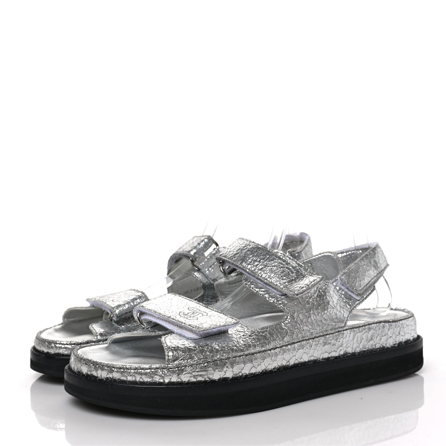 Chanel Metallic Crackled Calfskin Velcro Dad Sandals 40.5 Silver 3 of 6
