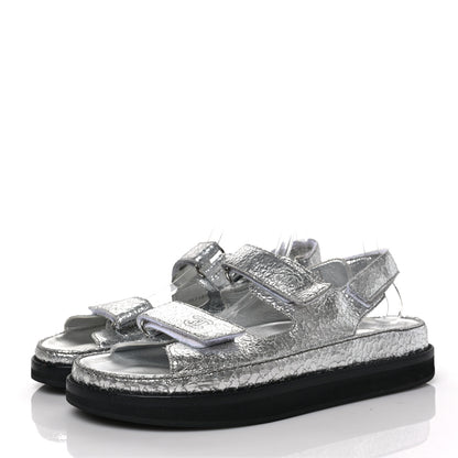 Chanel Metallic Crackled Calfskin Velcro Dad Sandals 40.5 Silver 3 of 6