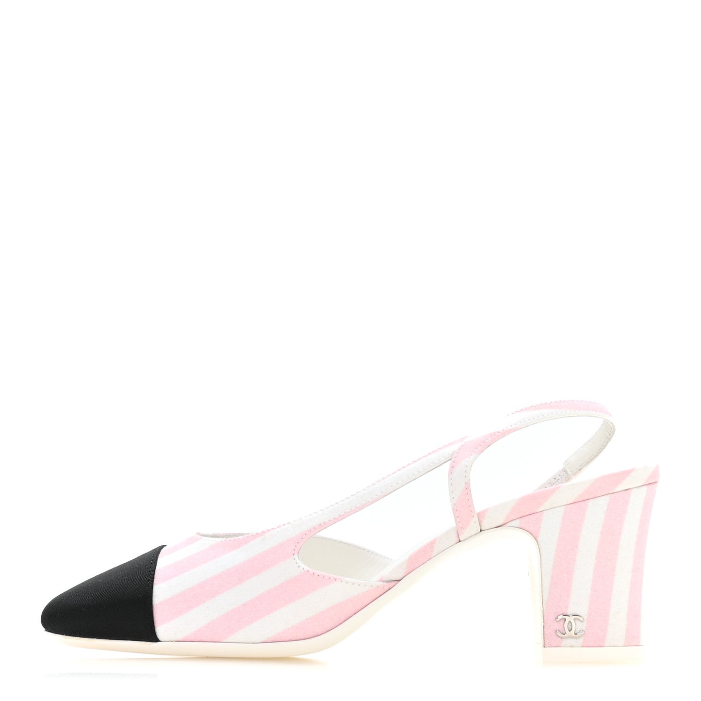 Fabric Grosgrain Cap Toe CC Striped Slingback Pumps 36 Pink White