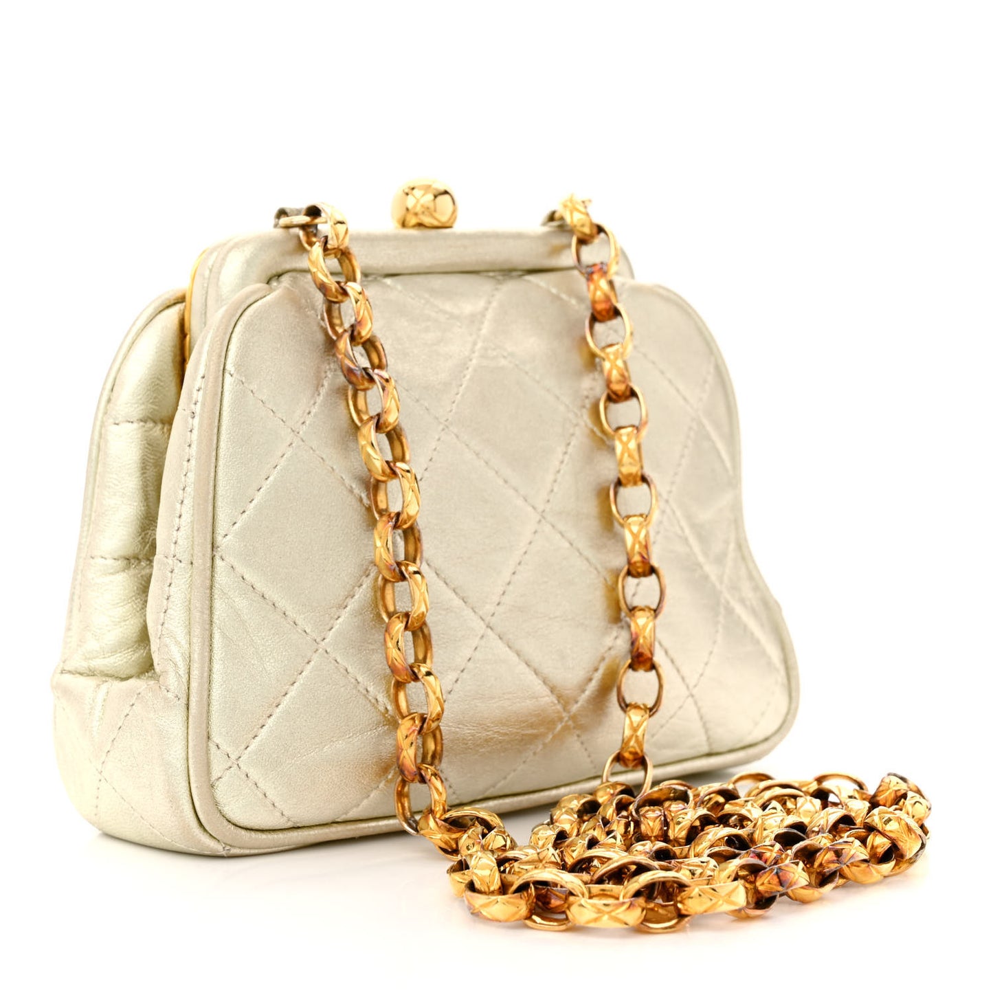 Metallic Lambskin Quilted CC Kiss Lock Evening Clutch Gold