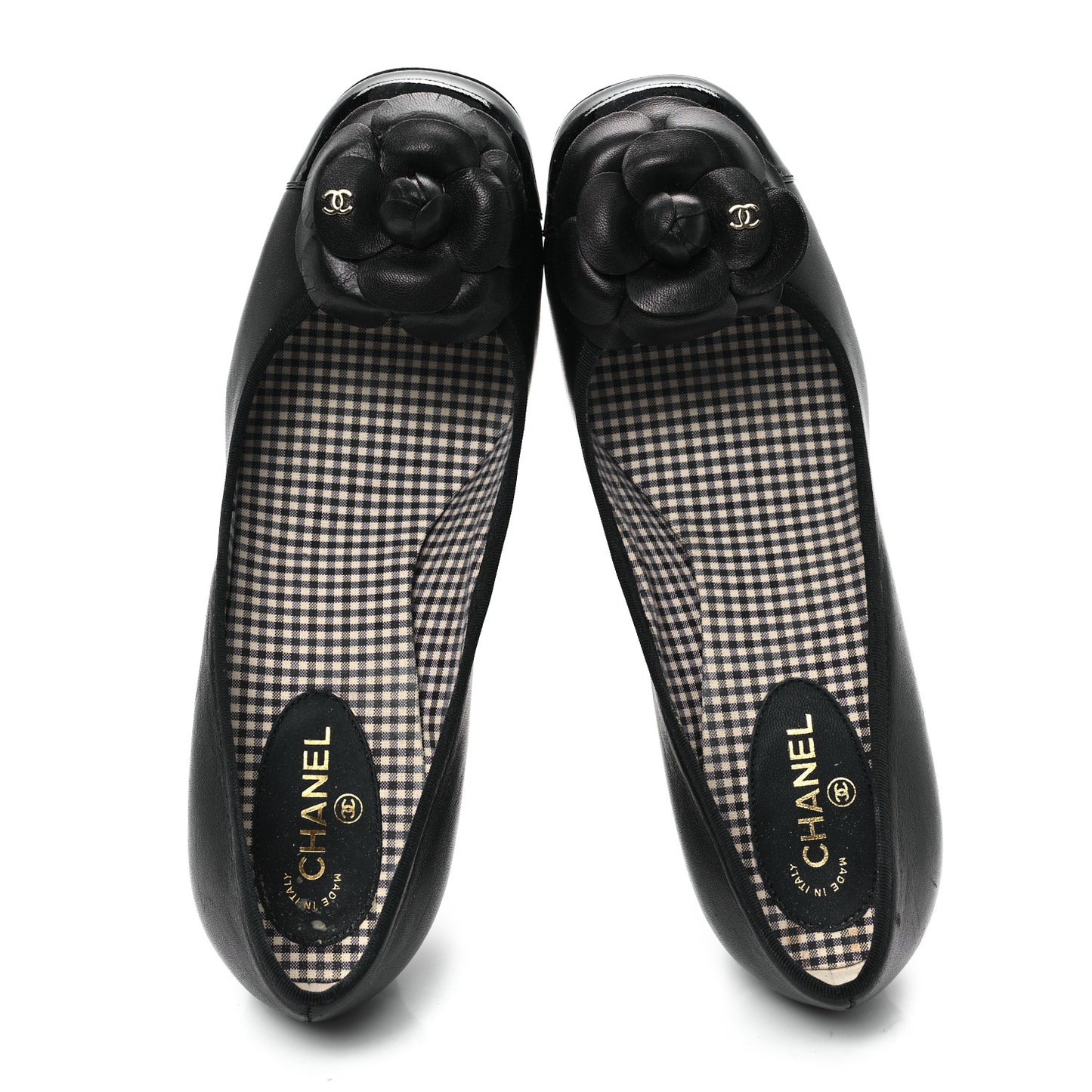 Lambskin Patent Calfskin Pearl Camellia Cap Toe Pumps 38.5 Black