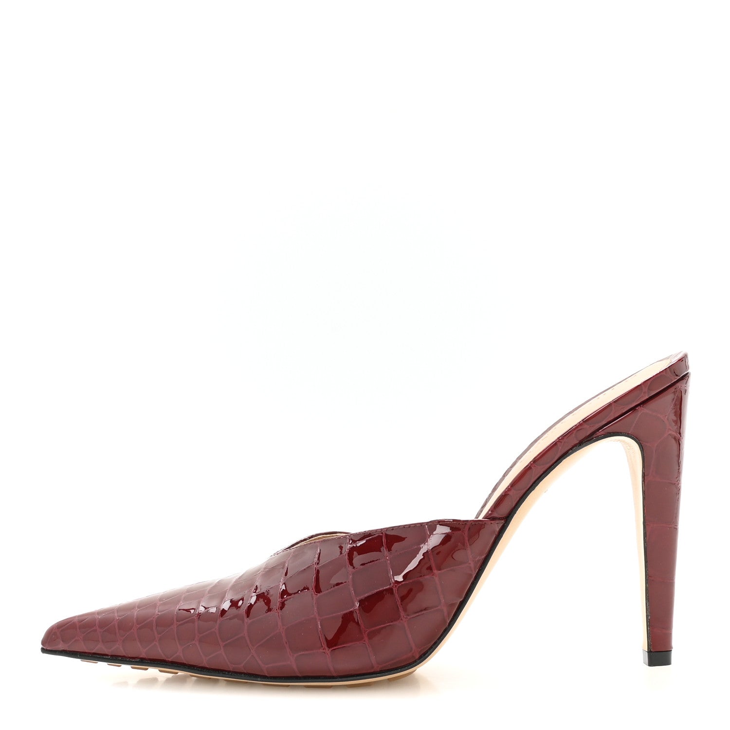 Bottega Veneta Gloss Calfskin Crocodile Embossed Mules 40 Merlot 1 of 8