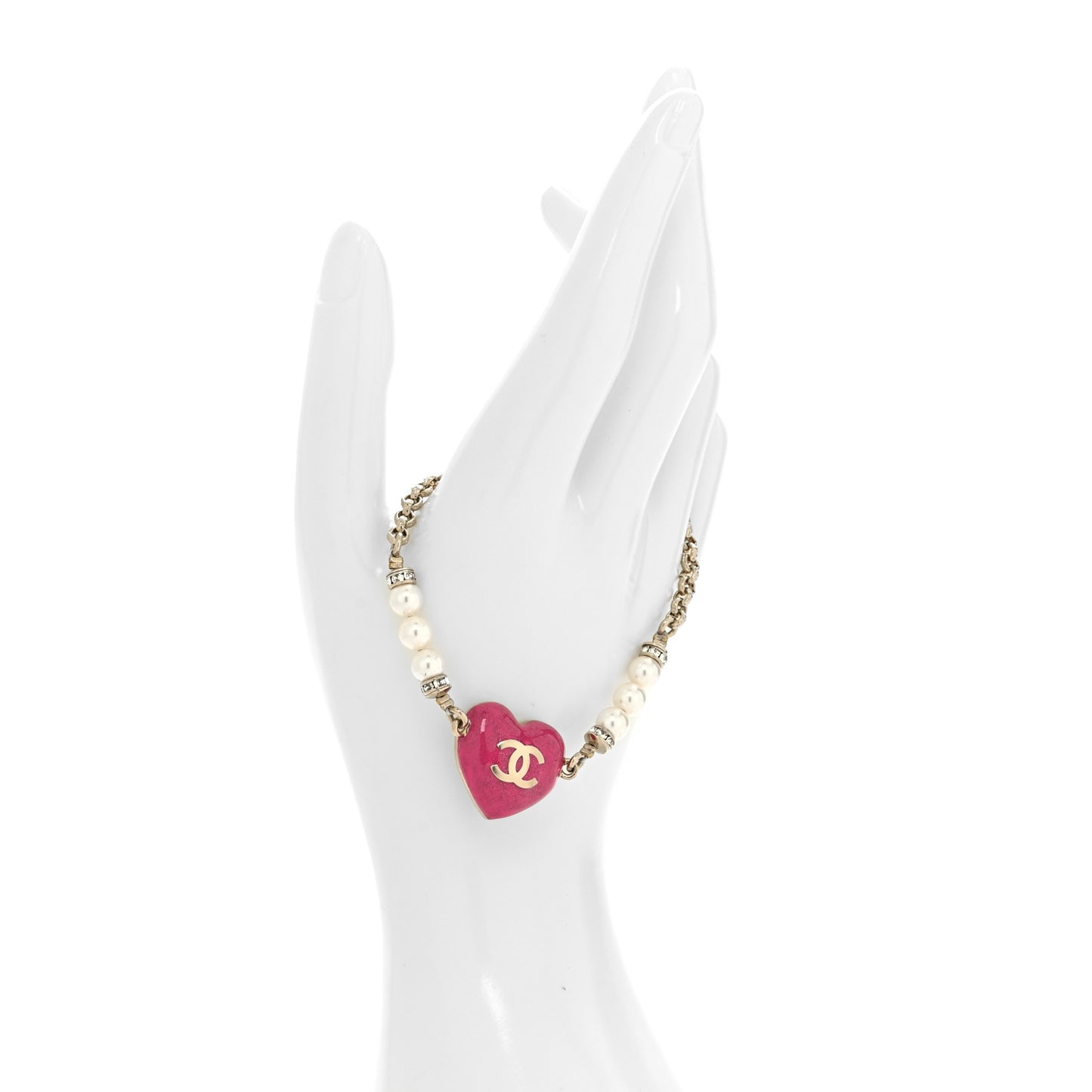 Resin Crystal Pearl Chain Heart CC Bracelet Pink White Gold
