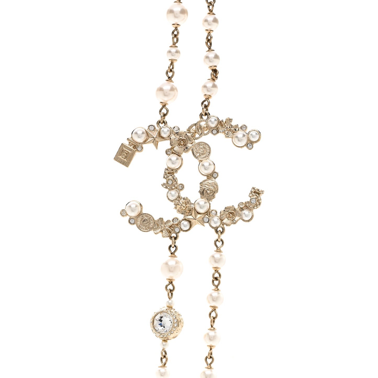 Crystal Pearl CC Charms Long Necklace Light Gold