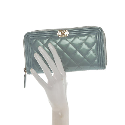 Chanel Metallic Patent Quilted Boy Zip Around Wallet Light Blue 2 of 9