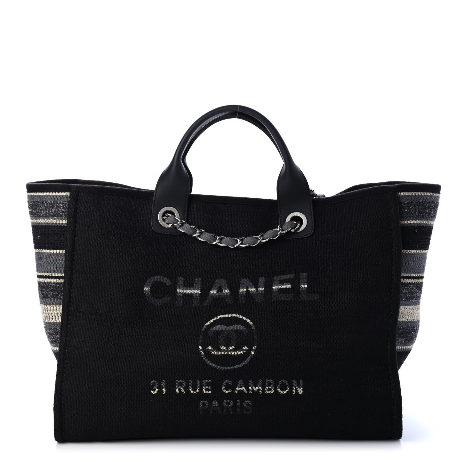 Chanel Striped Canvas Medium Deauville Tote Grey Black 1 of 4