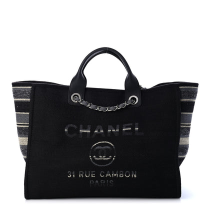 Chanel Striped Canvas Medium Deauville Tote Grey Black 1 of 4