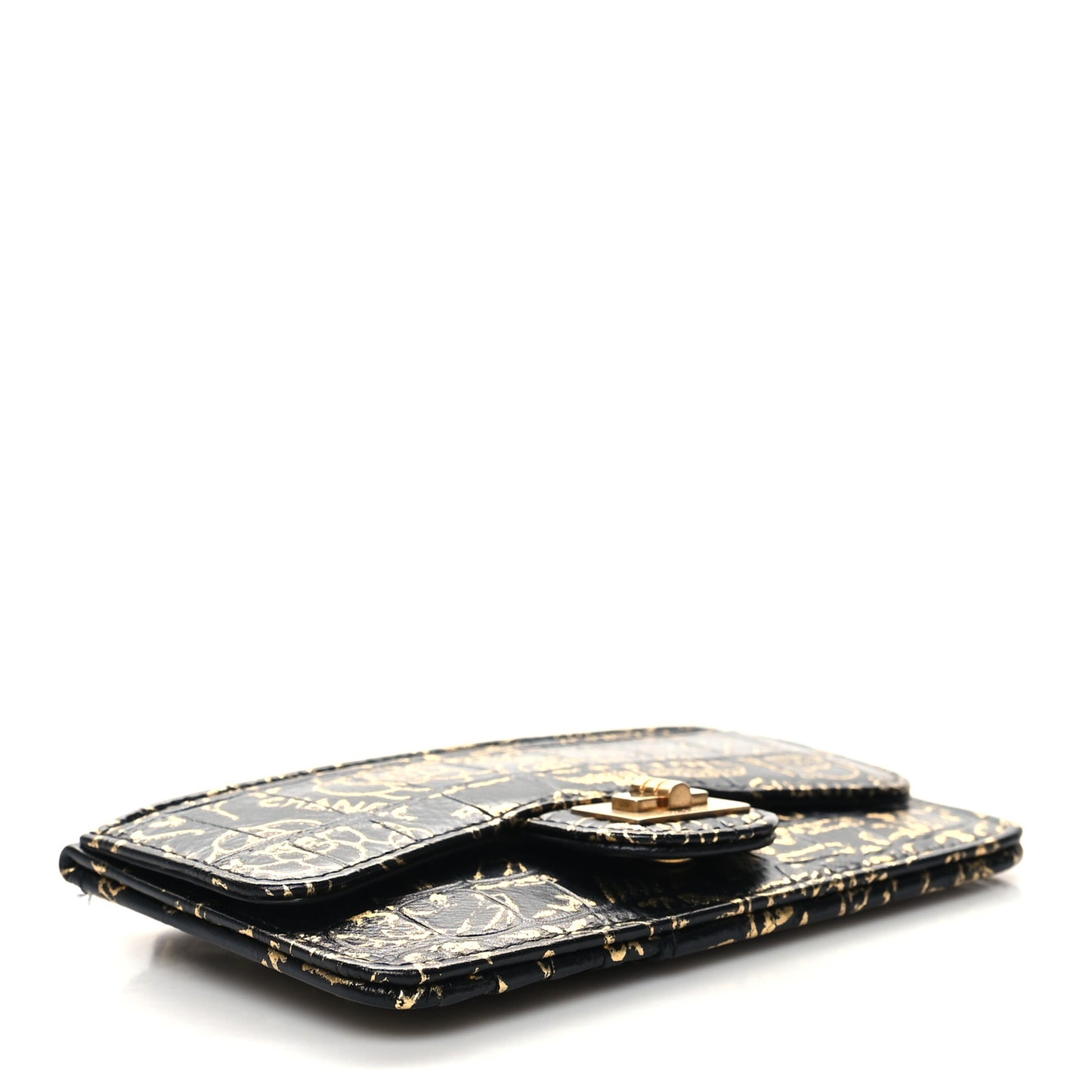 Calfskin Crocodile Embossed Graffiti Reissue Flap Zip Card Holder Black Gold