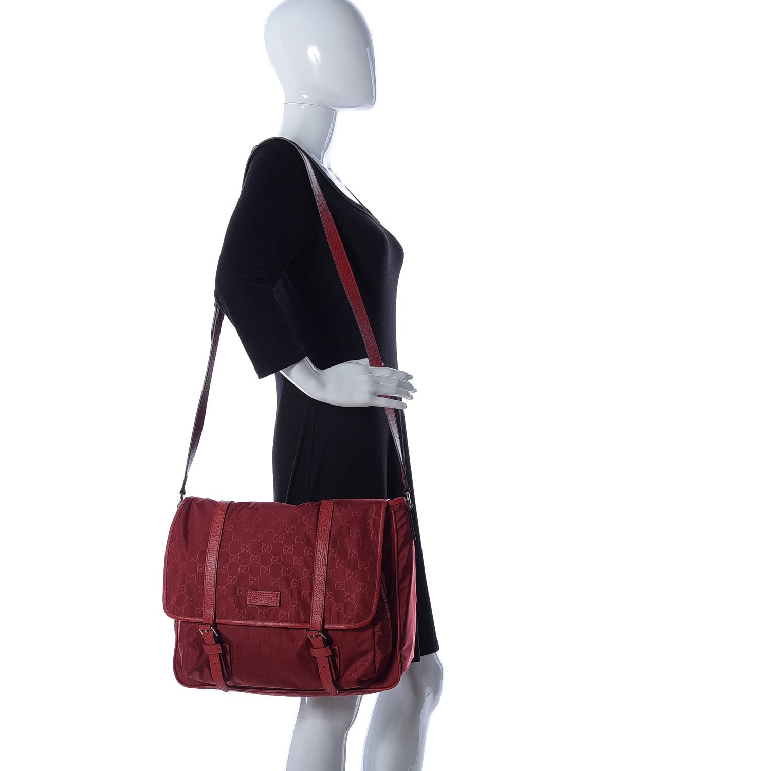 Gucci Nylon Monogram Double Buckle Flap Messenger Bag Vibrant Red 2 of 8