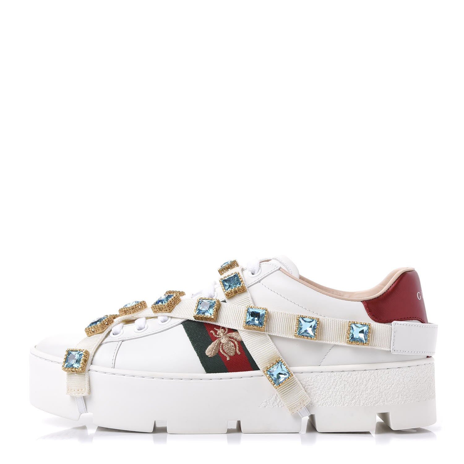 Gucci Calfskin Removable Crystals Bee Embroidered Womens Ace Platform Sneakers 37.5 White 1 of 9