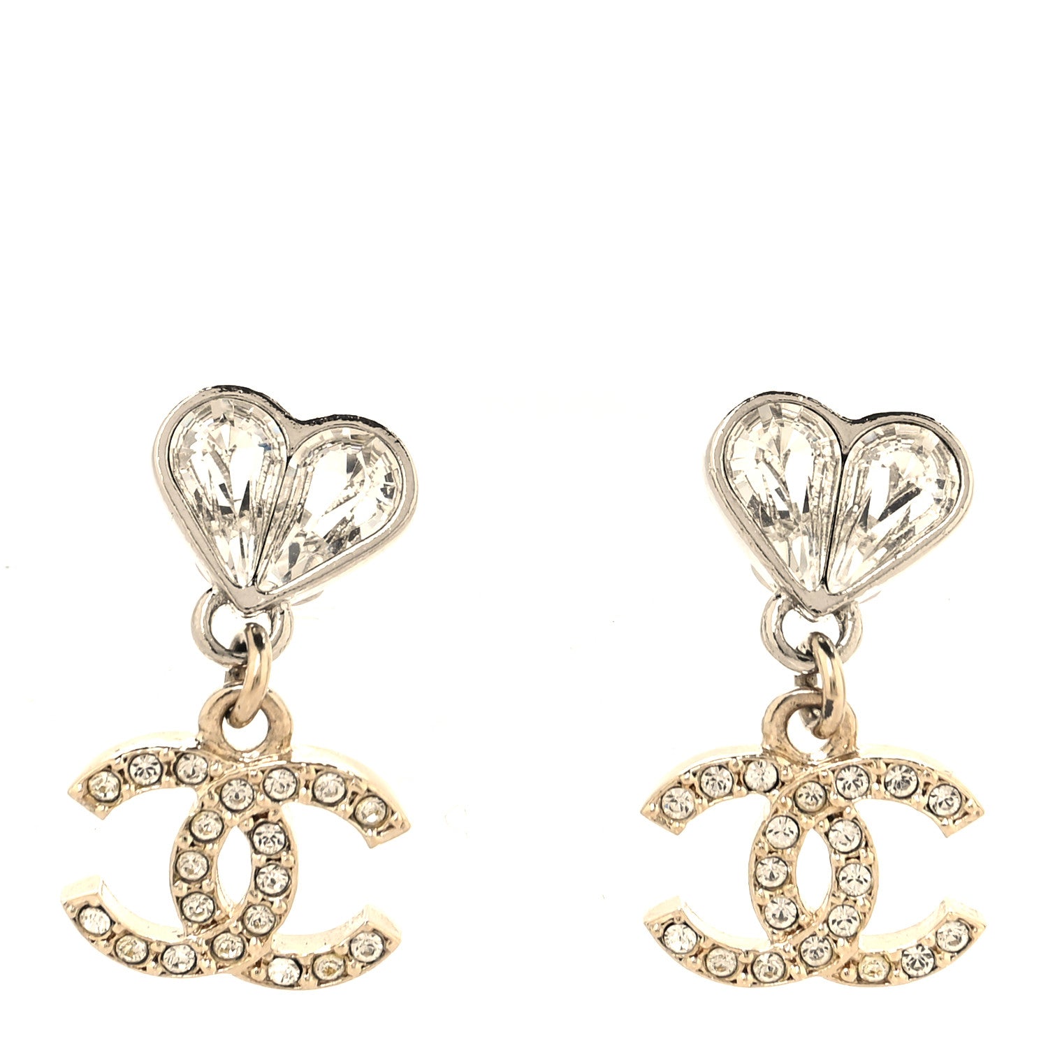Chanel Crystal CC Heart Drop Earrings Gold Silver 1 of 5