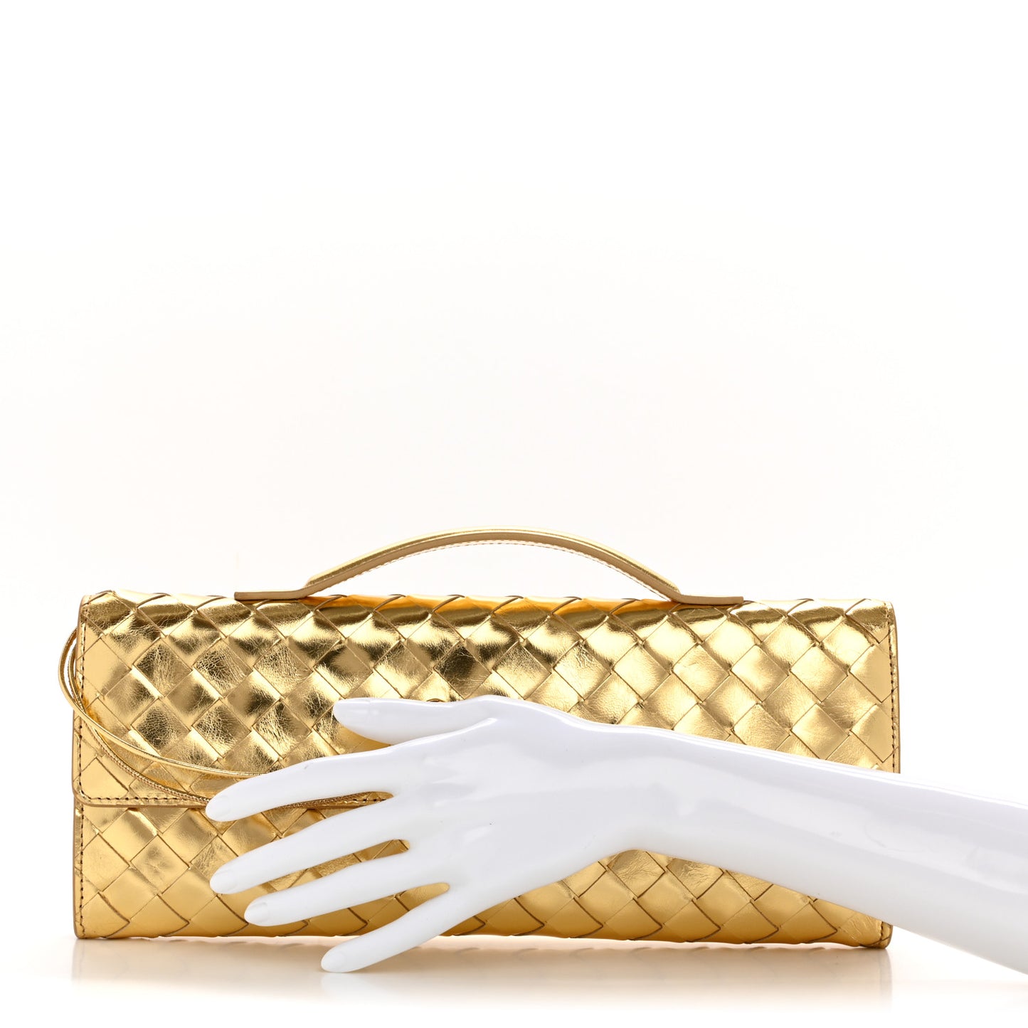 Metallic Lambskin Intrecciato Long Andiamo Top Handle Clutch Gold