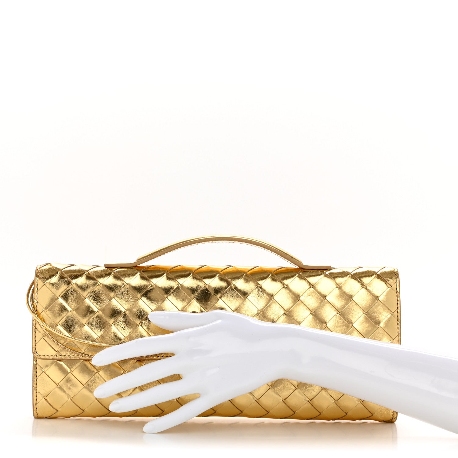 Bottega Veneta Metallic Lambskin Intrecciato Long Andiamo Top Handle Clutch Gold 2 of 12