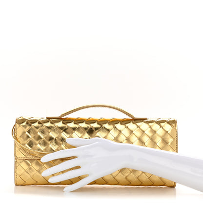 Bottega Veneta Metallic Lambskin Intrecciato Long Andiamo Top Handle Clutch Gold 2 of 12