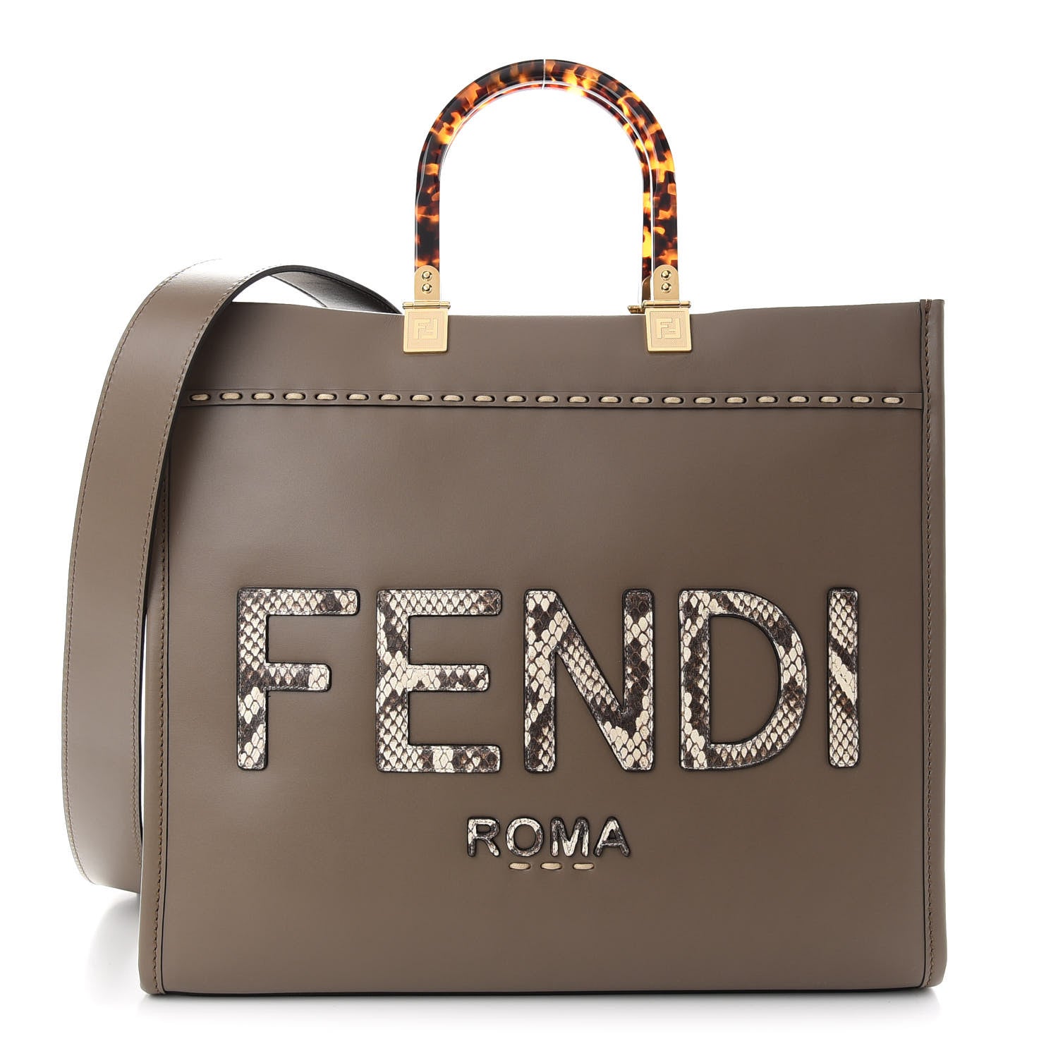 Fendi Vitello King Plexiglass Elaphe Python Print Logo Medium Fendi Sunshine Shopper Tote Tartufo Daisy Roccia 1 of 8