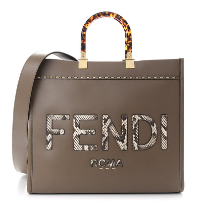 Fendi Vitello King Plexiglass Elaphe Python Print Logo Medium Fendi Sunshine Shopper Tote Tartufo Daisy Roccia 1 of 8