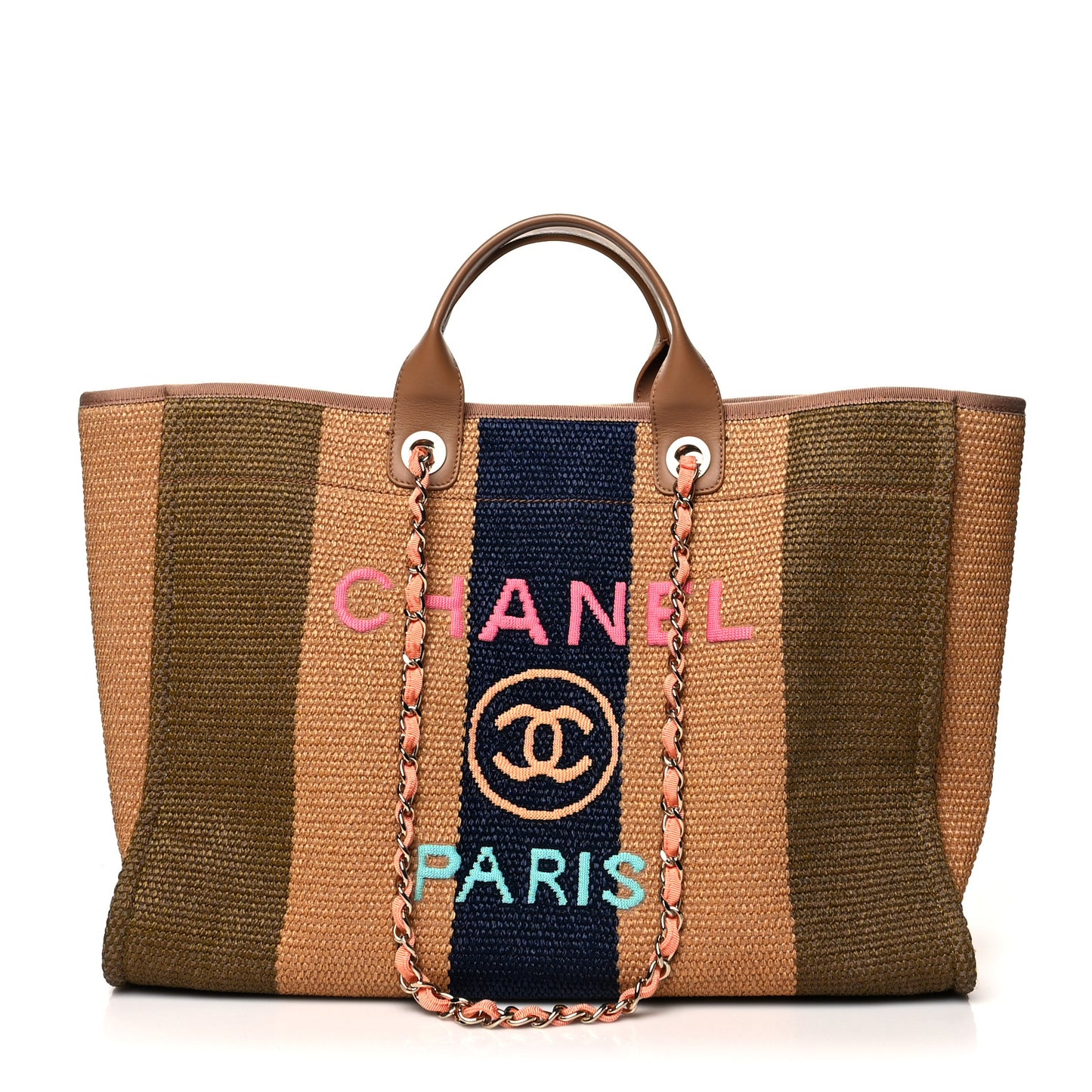 Straw Raffia Calfskin Striped Large Deauville Tote Khaki Beige Navy