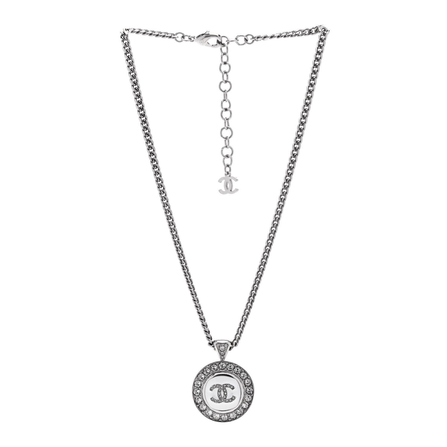 Chanel Crystal Enamel CC Pendant Necklace Silver White 3 of 6