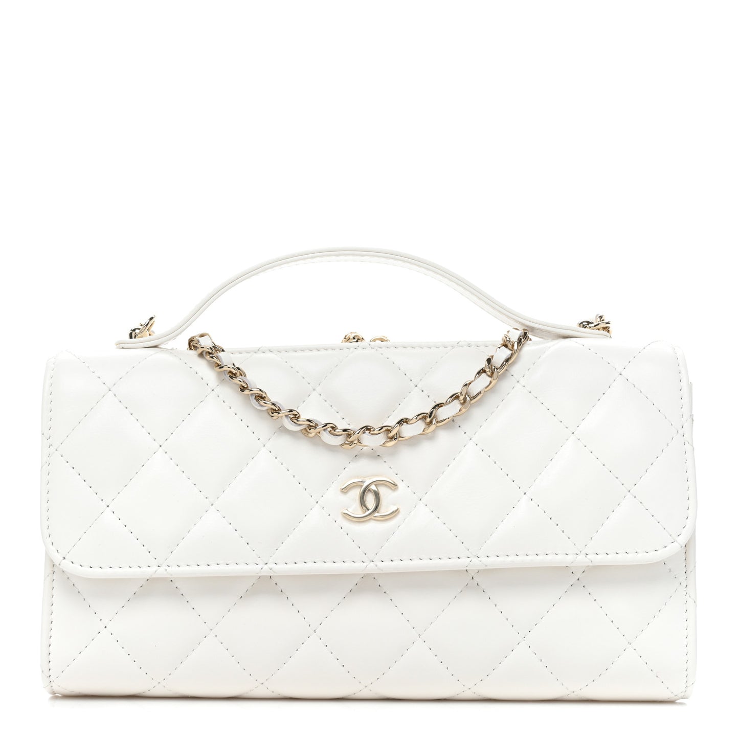 Shiny Calfskin Quilted Flap Phone Holder With Chain White