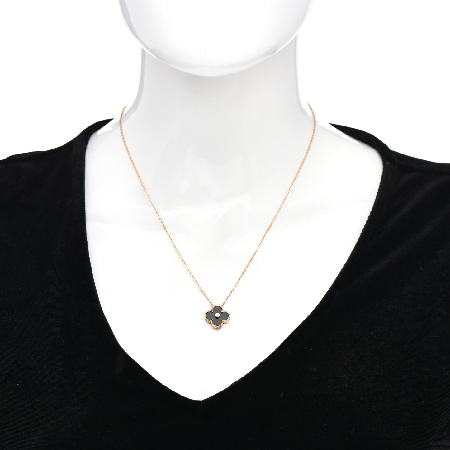 18K Rose Gold Diamond Black Onyx Vintage Alhambra Pendant Necklace