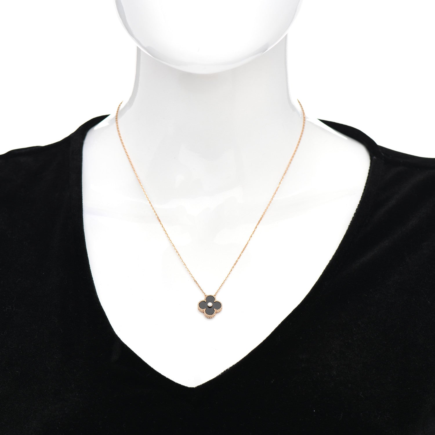 Van Cleef & Arpels 18K Rose Gold Diamond Black Onyx Vintage Alhambra Pendant Necklace 2 of 5