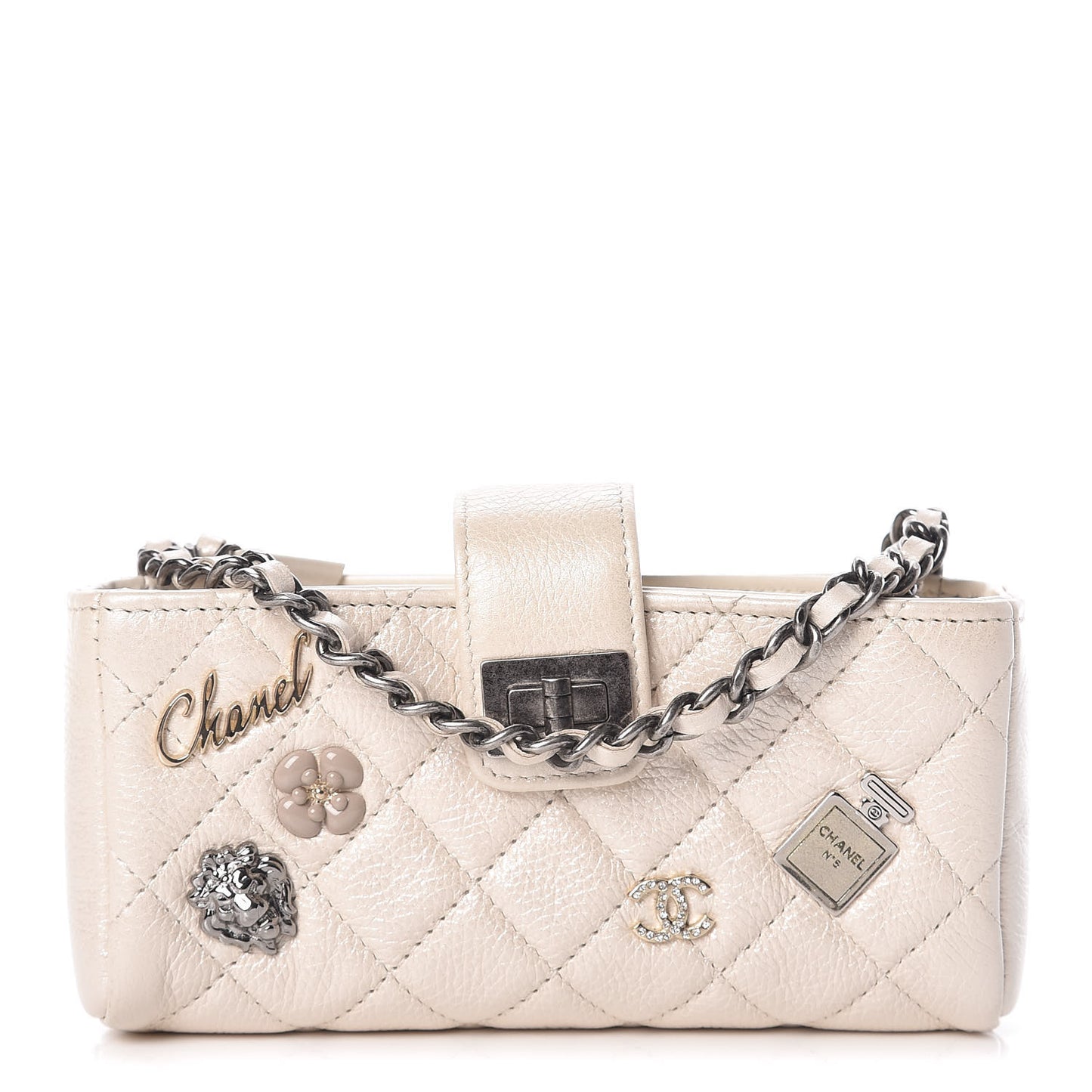 Metallic Calfskin Quilted Lucky Charms Mini Phone Holder Clutch Ivory