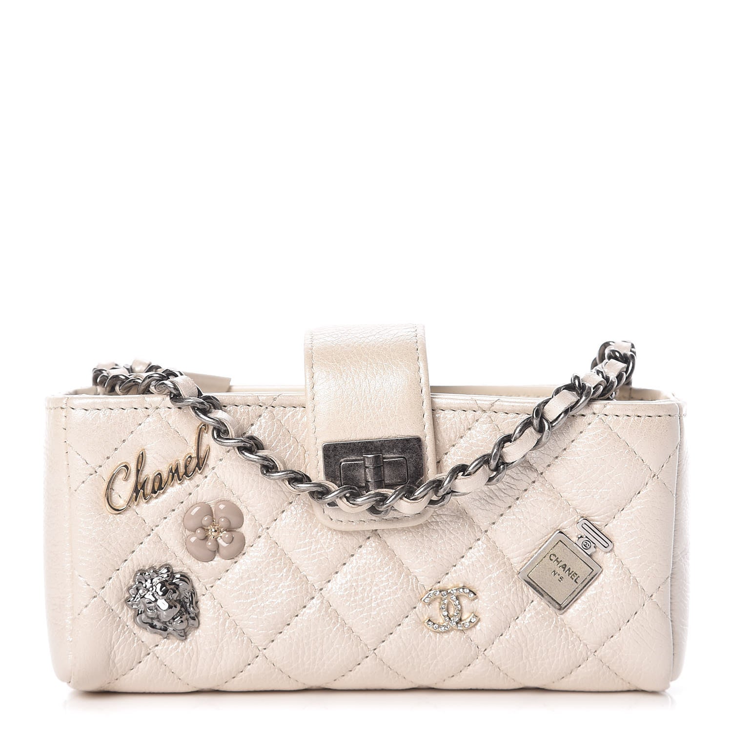 Chanel Metallic Calfskin Quilted Lucky Charms Mini Phone Holder Clutch Ivory 1 of 11