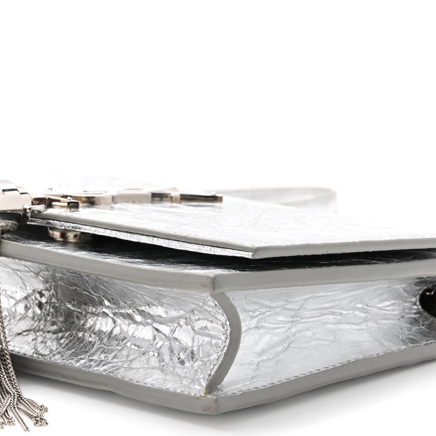 Metallic Crackled Calfskin Kate Monogram Tassel Chain Wallet Argento