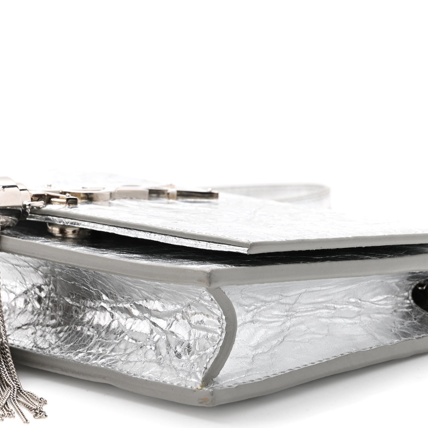 Saint Laurent Metallic Crackled Calfskin Kate Monogram Tassel Chain Wallet Argento 9 of 9