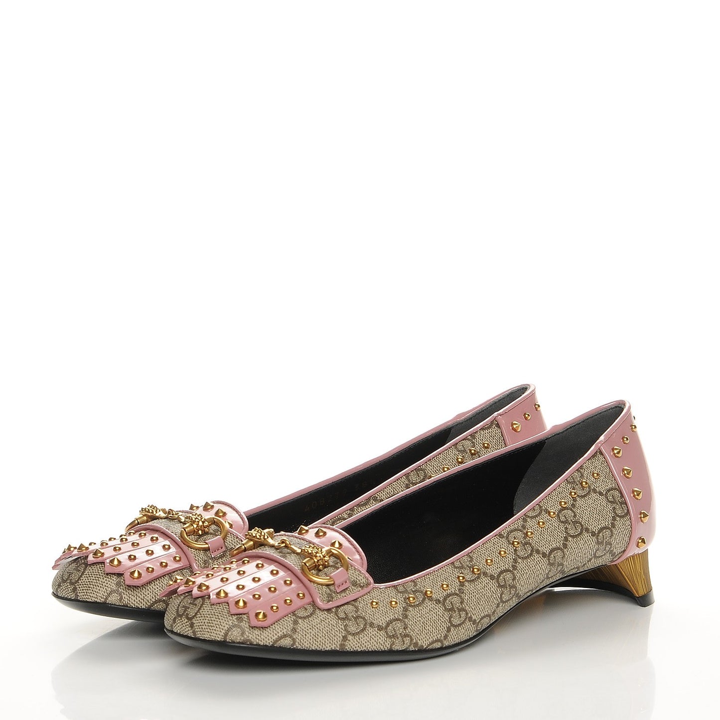 GG Supreme Monogram Patent Studded Fringe Loafer Pumps 38.5 Beige Ebony Carmine Rose