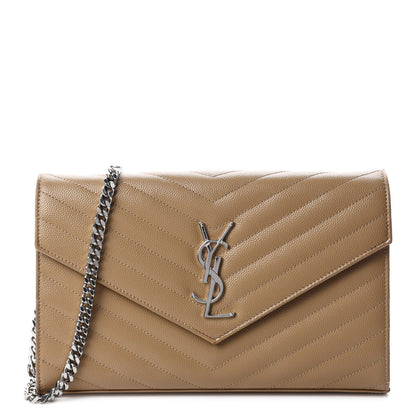 Saint Laurent Grain De Poudre Matelasse Chevron Monogram Chain Wallet Deep Beige 1 of 12