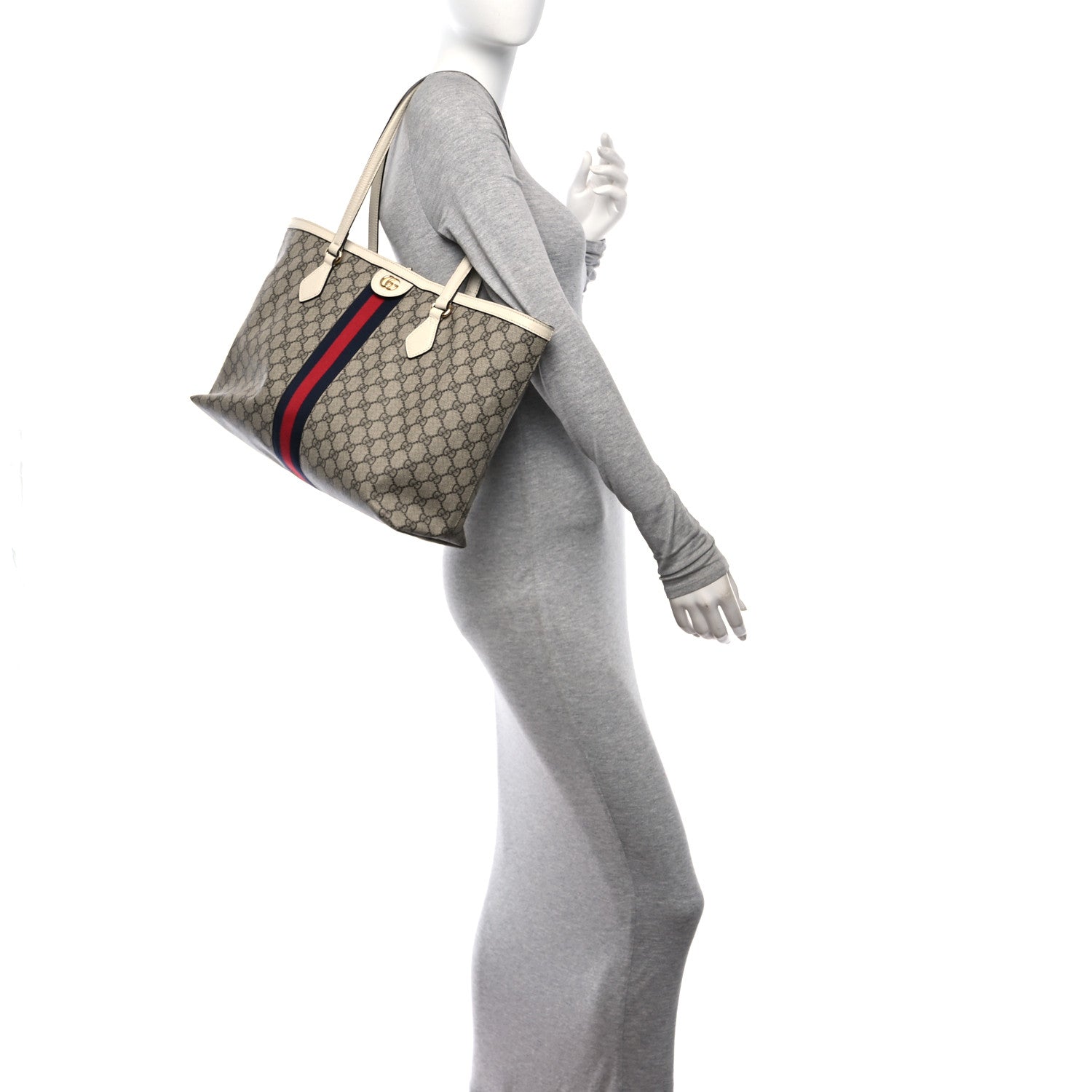 Gucci GG Supreme Monogram Textured Dollar Calfskin Web Medium Ophidia Shopping Tote Beige Ebony Mystic White 2 of 10