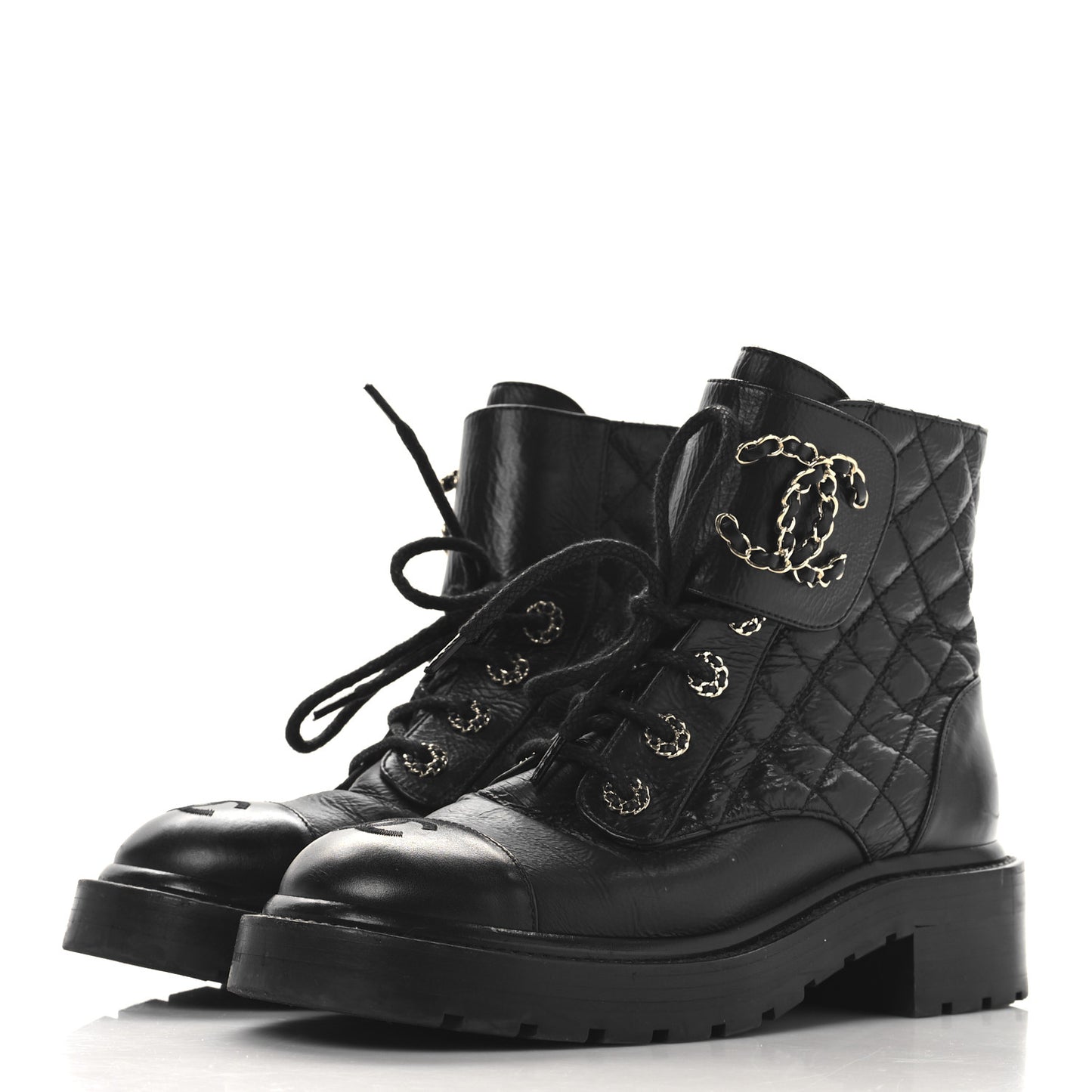 Shiny Calfskin Quilted Lace Up Combat Boots 37 Black