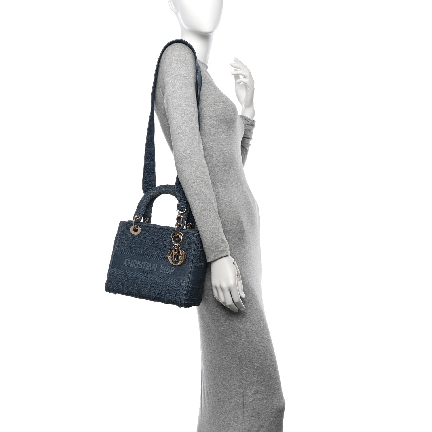 Christian Dior Canvas Embroidered Cannage Medium Lady D-Lite Denim Blue 2 of 14