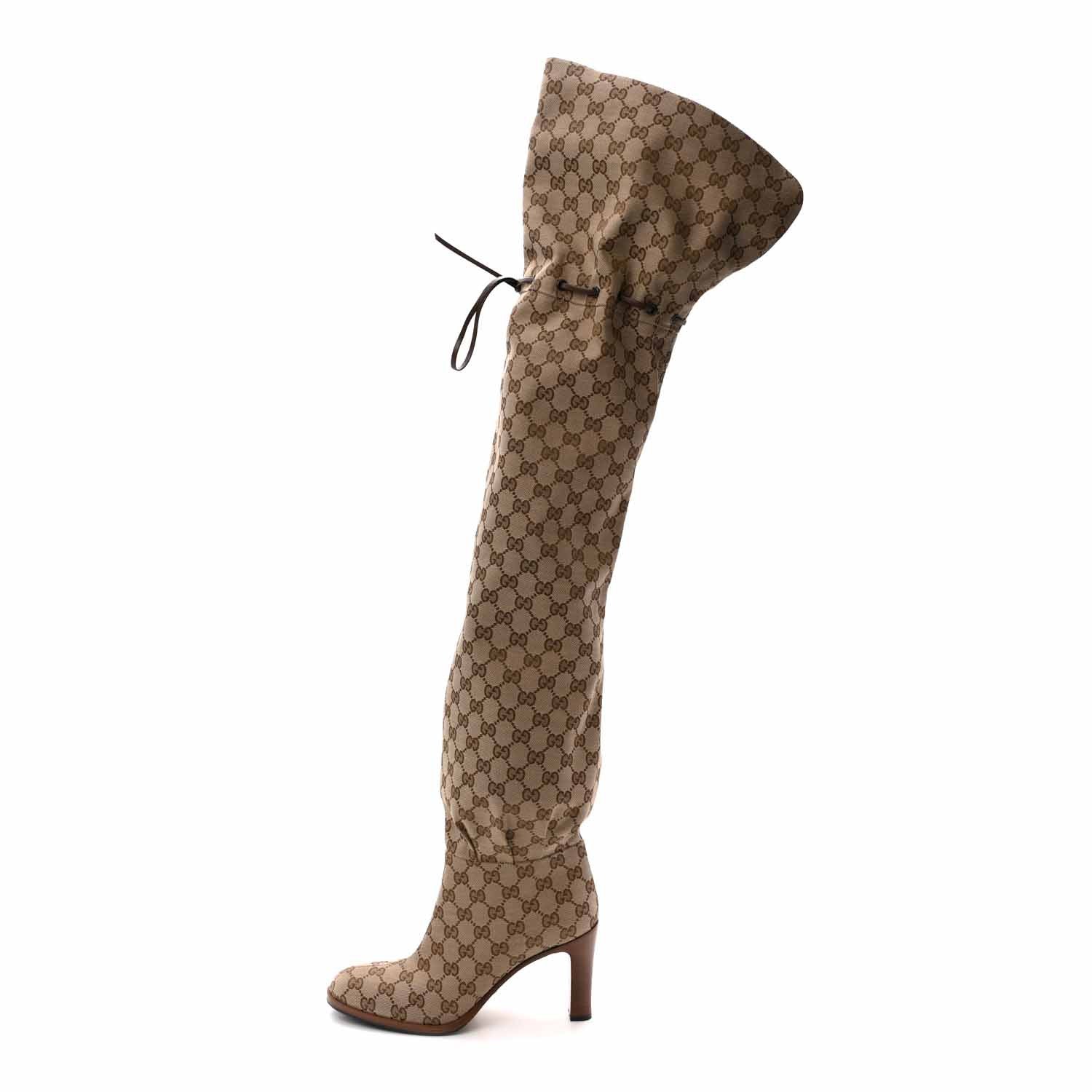 Gucci Monogram Over the Knee Boots 39.5 Beige Ebony 1 of 11