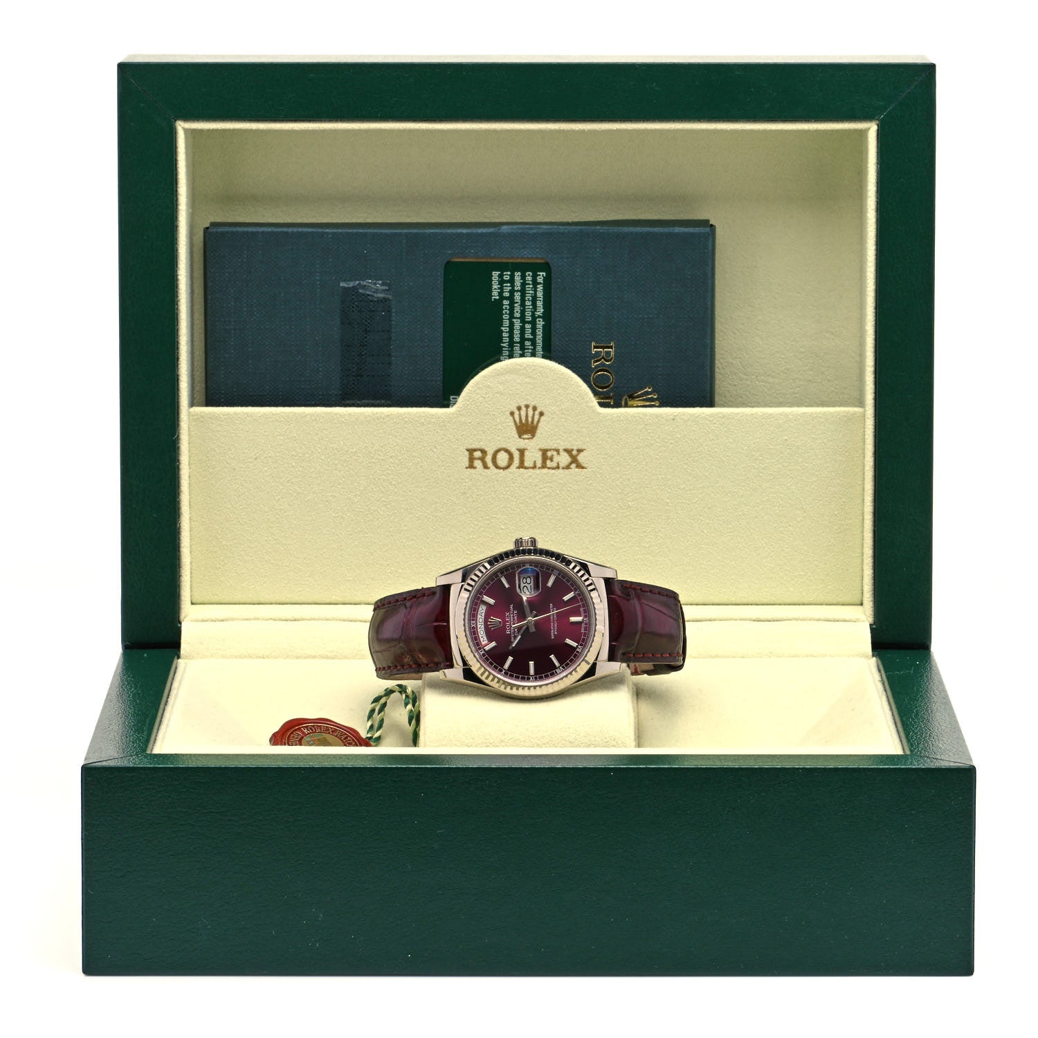Rolex Stainless Steel 18K White Gold Alligator 36mm Day-Date Watch Cherry 118139 5 of 5