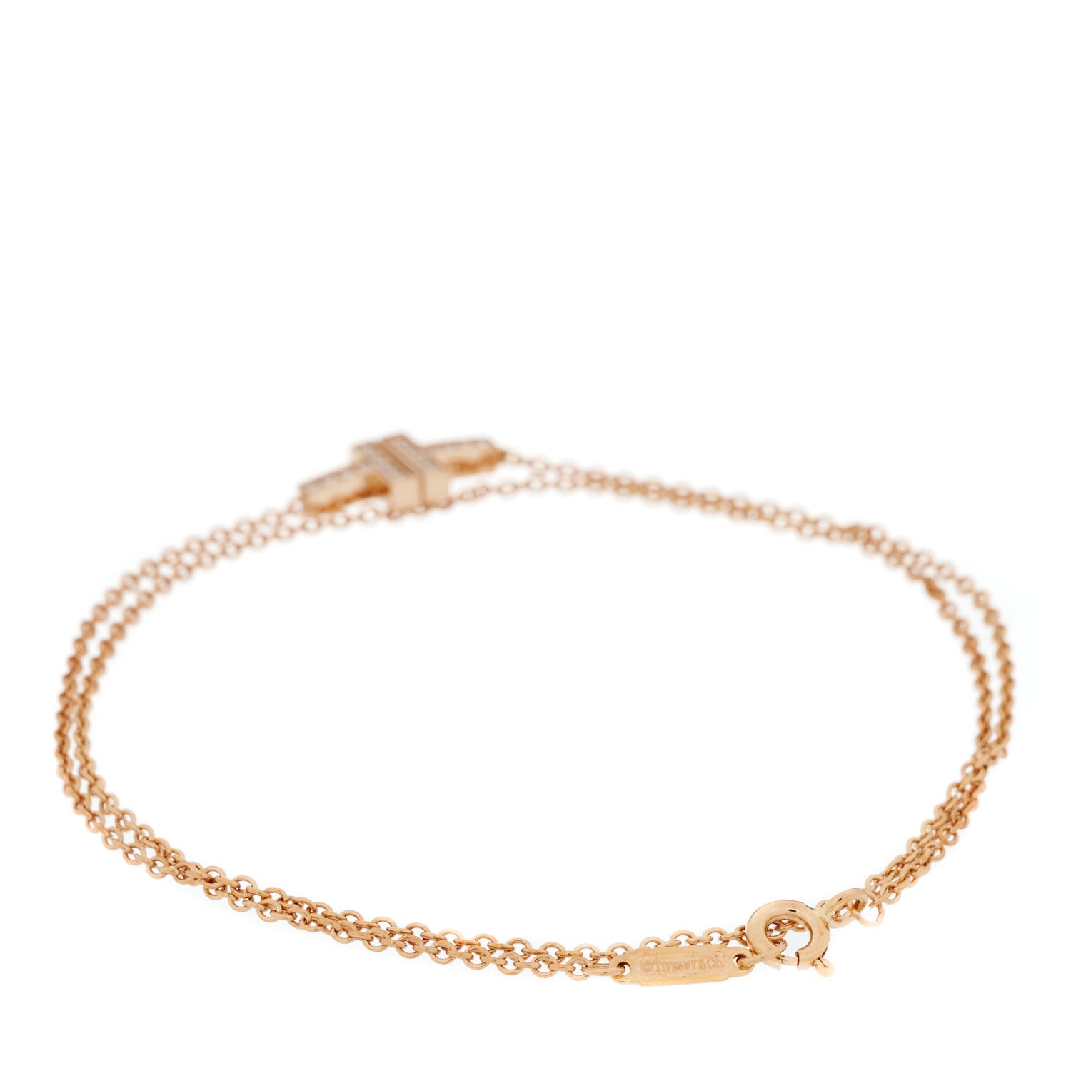 Tiffany 18K Rose Gold Diamond T Double Chain Bracelet 2 of 4